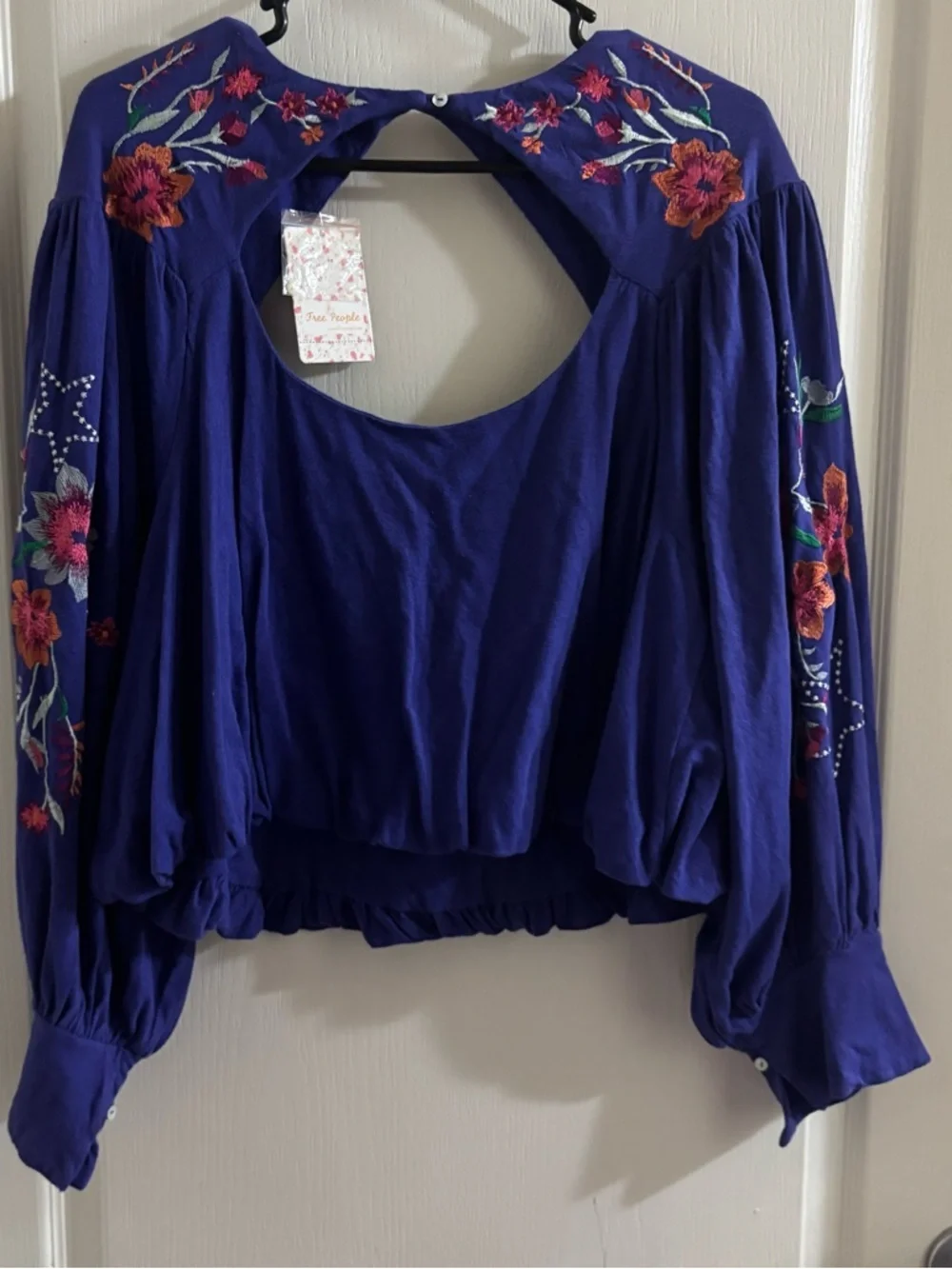 Free People Royal Purple Embroidered Open-Back Peasant Top